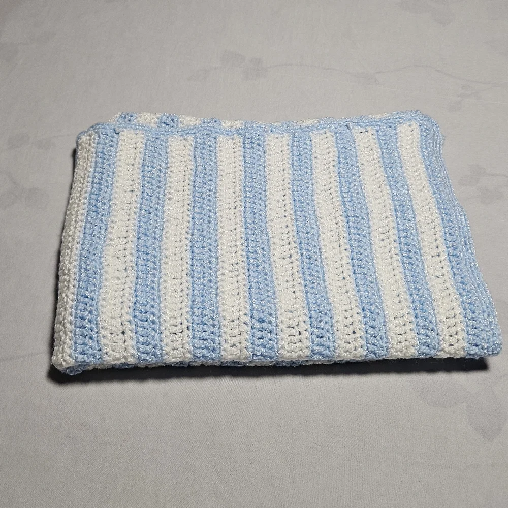 *New* Crochet  blue white stripe afghan baby throw blanket  approx. 34